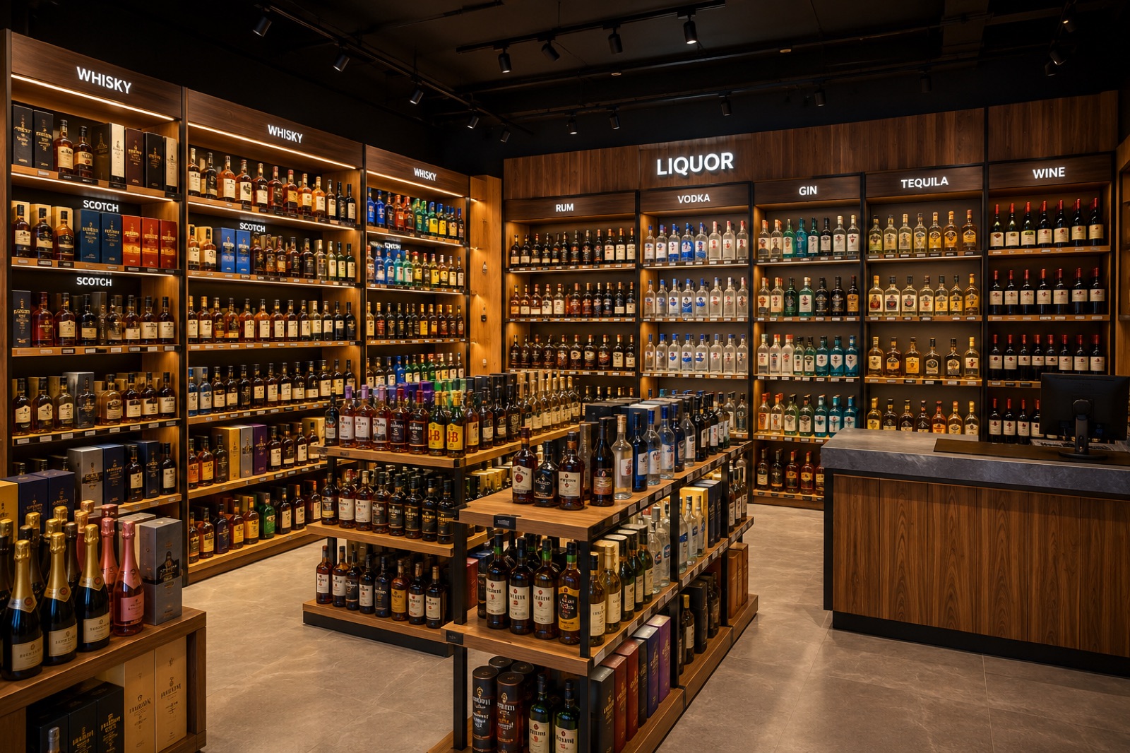 Liquor shop shelves stocked with bottles for liquor management software