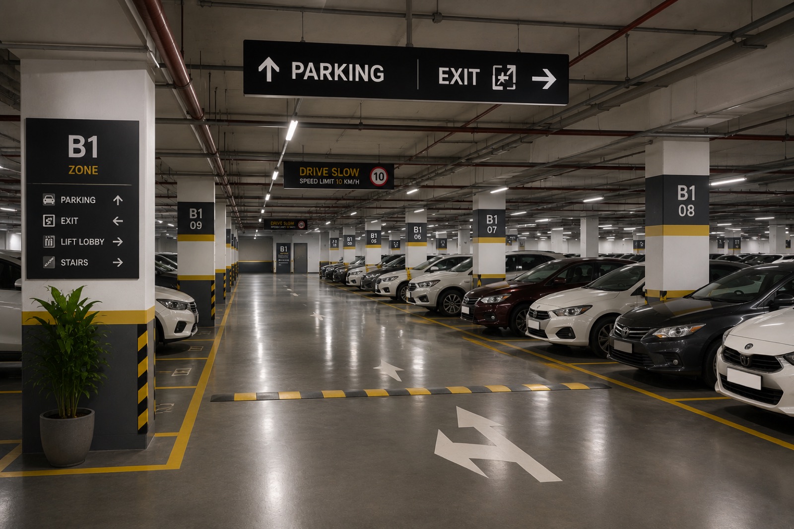 Multi-level parking garage with zone signage for parking management software