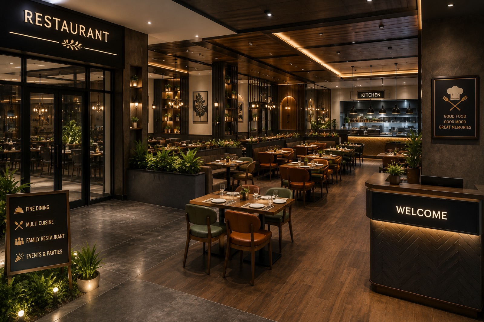 Restaurant interior with open kitchen for restaurant management software