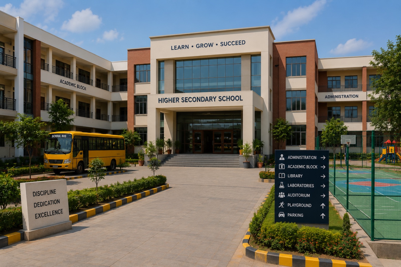 Modern school campus building with signage for school management software